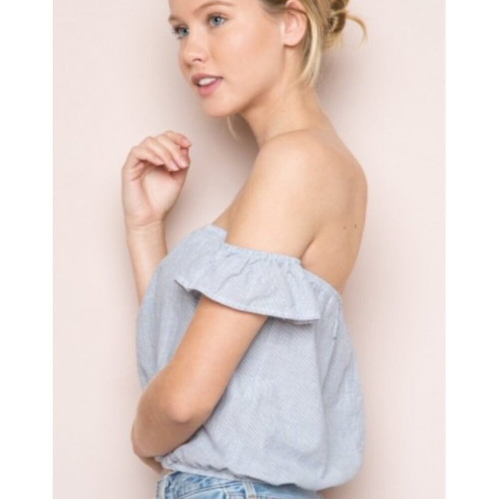 Brandy Melville Off The Shoulder Crop Top One Size Blue White Striped Beach Boho - Picture 4 of 16